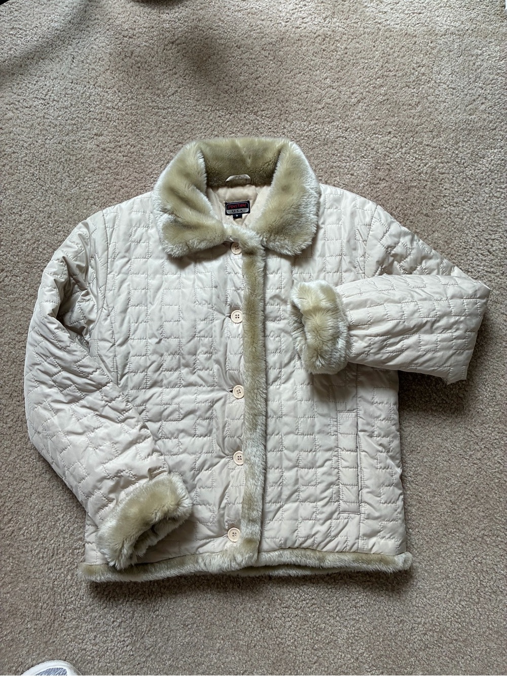 Quilted Faux-Fur Trim Kids Jacket - Cream